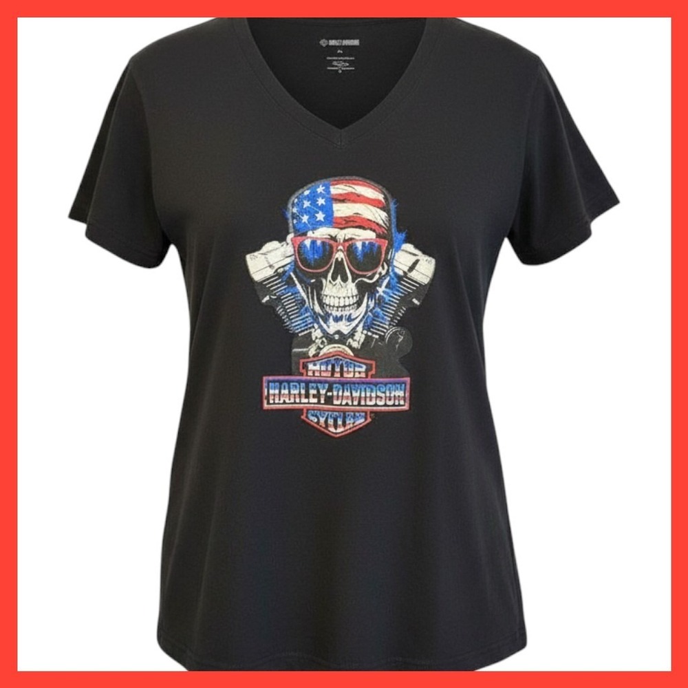 Harley Davidson Skull American Flag V Neck T Shirt Unisex 2XL Black Cotton